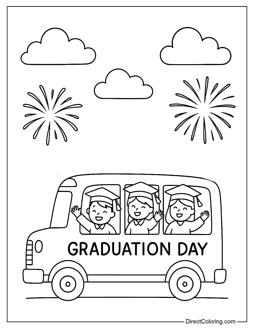 a school bus coloring page with the words “Graduation Day”, with students waving from the windows